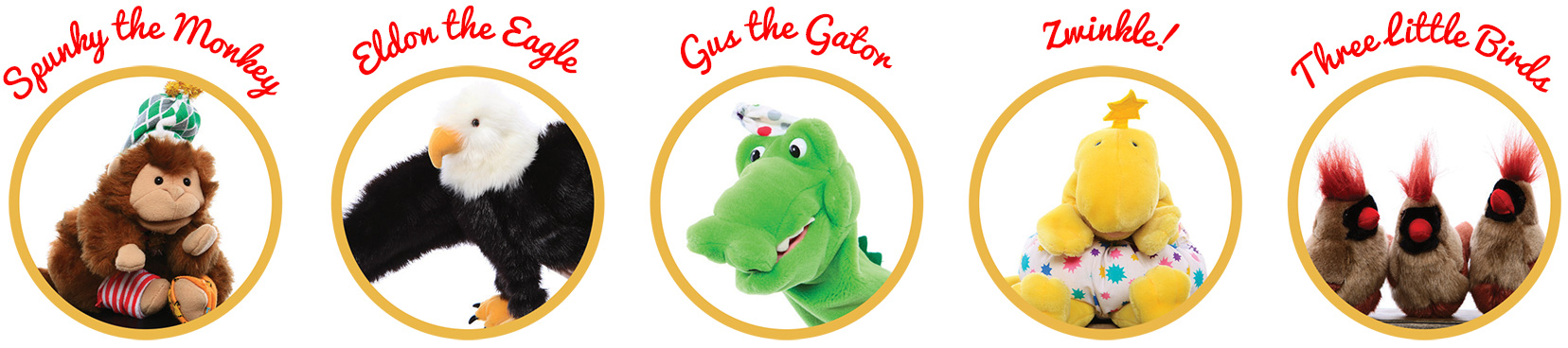 Musical Moments Cast of Puppet Characters - Spunky the Monkey, Eldon the Eagle, Gus the Gator, Zwinkle, Three Little Birds Five Musical Moments Puppets
